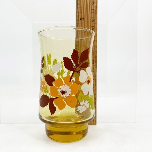 3 Vintage Amber Juice Glass 4" Drink Drinking 6 oz Floral White Flower Retro MCM - Picture 2 of 8